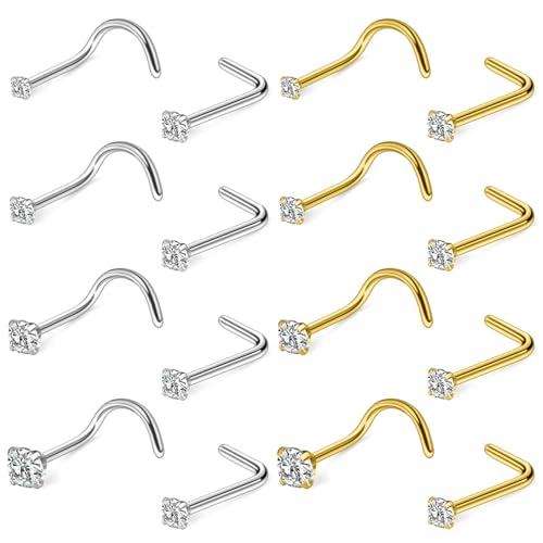 Hoeudjo Nose Studs Surgical Steel Nose Rings Studs 18G 20G 22G Cubic Zirconia 1.5mm 2mm 2.5mm 3mm Hypoallergenic Nostril Ring Screw & L-Shaped Nostril Piercing Jewelry for Women Men - color: silvertone+goldtone, size: 18g