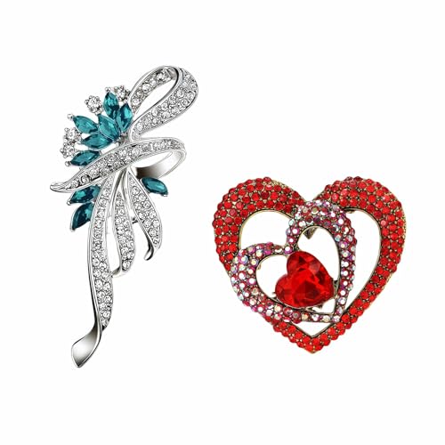 2pcs Rhinestone Brooch Pin for Women Dress Elegant Stylish Crystal Brooches Fashion Accessories Pins Lapel Boutonniere Ideas Wedding Christmas Birthday Jewelry Easter Gift - color: 19 Red heart/Silver