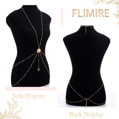Gold Body Chain for Women Layered Rhinestone Waist Chains Summer Beaded Bra Body Jewelry Gifts - color: Green