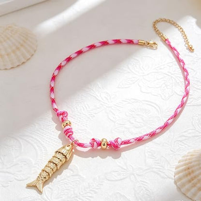 YUJIE Dainty Fish Pendant Necklace for Women 14k Gold Plated Ocean Fish Charm Necklace Summer - color: rope fish