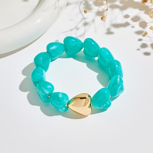 WOWORAMA Chunky Beaded Bracelets for Women Colorful Large Square Beads Bracelet Boho Acrylic Resin Stretch Bracelets Statement Chunky Bracelet Summer Jewelry - color: Heart-Blue