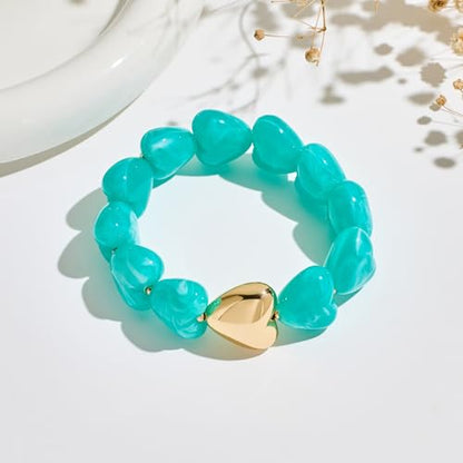 WOWORAMA Chunky Beaded Bracelets for Women Colorful Large Square Beads Bracelet Boho Acrylic Resin Stretch Bracelets Statement Chunky Bracelet Summer Jewelry - color: Heart-Blue