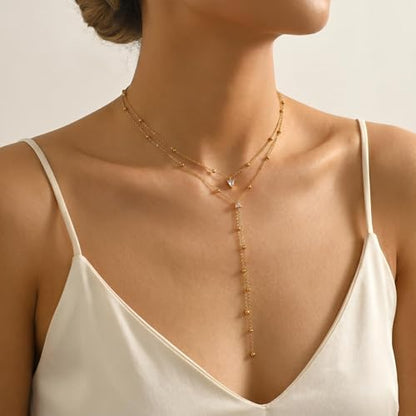 Dainty 18K Gold Plated Lariat Necklace for Women Delicate Y Chain Rose Pearl Diamond Long Drop Necklace Layering Bridal Jewelry Gift - color: 2 Layered Bead CZ-Gold