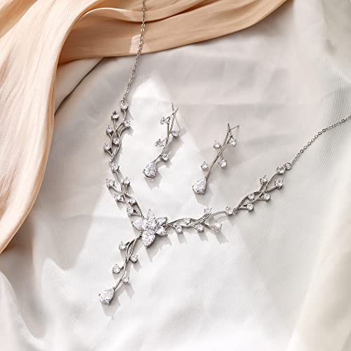 Crysdue Women's Wedding Bridal Jewelry Set for Brides Bridesmaids Cubic Zirconia Flower Leaf Vine Necklace Dangle Earrings for Prom Party - style: 13-silver
