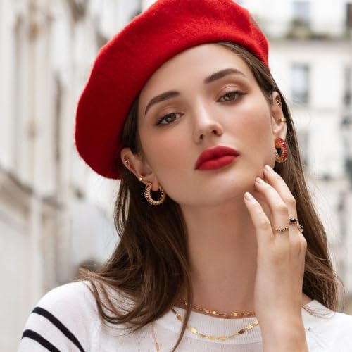 Trendy 14K Gold Plated Hoop Earrings for Women, Chunky Gold/Silver Earrings for Women Cubic Zirconia Baguette Hoop Earrings Heart Hoops Lightweight Hypoallergenic Jewelry,25mm/35mm/40mm/50mm - color: 01 Gold Red Hoops 25mm