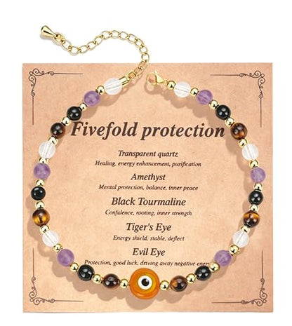 ROYONE Evil Eye Bracelets - 5 Healing Crystals Gift Set，Adjustable Natural Stone Jewelry for Anxiety Relief & Good Luck - color: orange color