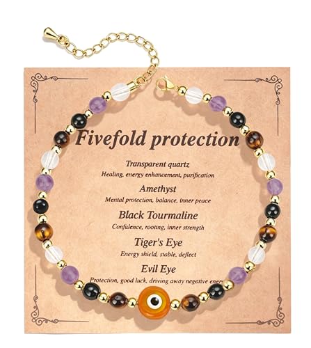 ROYONE Evil Eye Bracelets - 5 Healing Crystals Gift Set，Adjustable Natural Stone Jewelry for Anxiety Relief & Good Luck - color: orange color