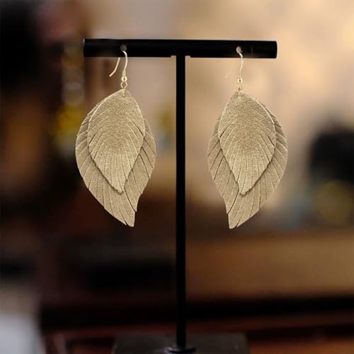 Genuine Leather Handmade Fringe Feather Lightweight Dangle Drop Earrings Teardrop Tassel Hook Earrings for Women - style: 11 Light coffee color