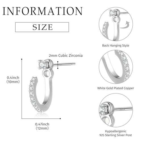 Dainty Mini Cubic Zirconia Small Ear Jacket Earrings for Women | 925 Sterling Silver Post, 14K Gold or Silver Plated, Hypoallergenic, 2mm CZ Tiny Stud Earrings with Half Hoop