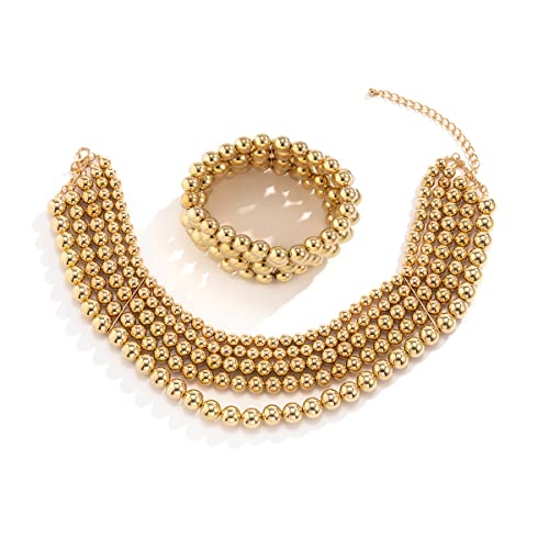 COLORFUL BLING Exaggerated Layered Beads Pendant Chunky Gold Chain Chunky Bib Statement Choker Stackable Strand Necklace for Women Hip Hop Jewelry - color: gold set