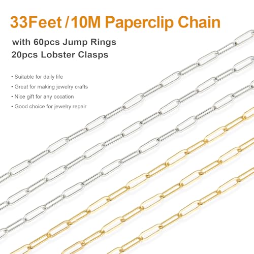 2 Rolls Paperclip Chain for Jewelry Making 33FT Jewelry Chain Links | Silver and Gold Chains Bulk with Lobster Clasps Jump Rings for DIY Craft Finding Jewelry Making Supplies - color: 2.8×7.6 Paperclip Chain