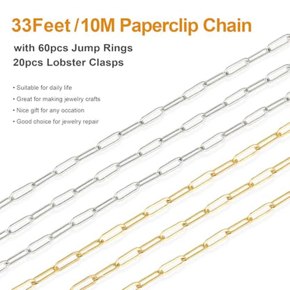 2 Rolls Paperclip Chain for Jewelry Making 33FT Jewelry Chain Links | Silver and Gold Chains Bulk with Lobster Clasps Jump Rings for DIY Craft Finding Jewelry Making Supplies - color: 2.8×7.6 Paperclip Chain