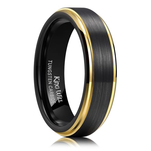 King Will Mens Brushed Wedding Band, Two Tone Matte Step Edges/Pipe Cut, Tungsten Carbide Anniversary Promise Rings Comfort Fit - color: Black&Gold Edge-6mm