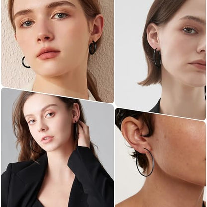 4 Pairs Silver Gold Hoop Earrings for Women | 14K Gold Plated Hoop Earrings Set Hypoallergenic Earring Lightweight Dangle Earrings Set - color: 4 Pairs Black-30/40/50/60mm