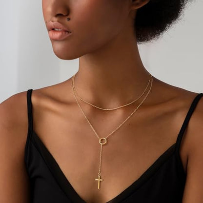 CHESKY Lariat Necklace for Women，14k Gold/Sliver Plated Layered Necklace | Gold/Sliver Long Necklace，Dainty Cross Pendant, Wedding Y-Shaped Drop Chain, Waterproof Jewelry Gift for Women Everyday Wear - style: Cross