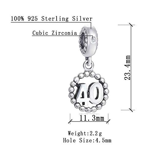 5,10,15,16,17,18,20,21,25,30,35,40,42,49,50,55,60,65,70 Number Charms for European Bracelet, 925 Sterling Silver Birthday Pendant Beads with CZ, Gifts for Mothers Day/Anniversary - color: Number 40 Charm