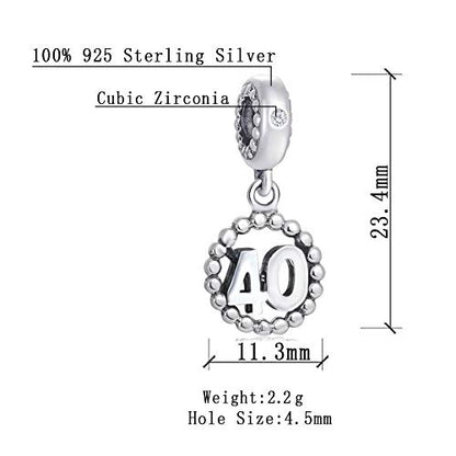 5,10,15,16,17,18,20,21,25,30,35,40,42,49,50,55,60,65,70 Number Charms for European Bracelet, 925 Sterling Silver Birthday Pendant Beads with CZ, Gifts for Mothers Day/Anniversary - color: Number 40 Charm