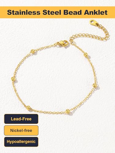 U7 Ankle Bracelets for Women Stainless Steel Waterproof Tarnish Resistant | 18K Gold Plated/Silver/Rose Gold Anklets, Cuban Chain Anklet Bracelets, Perfect for Summer Beach and Vacation Outfits - color: Gold Plated-Bead Chain