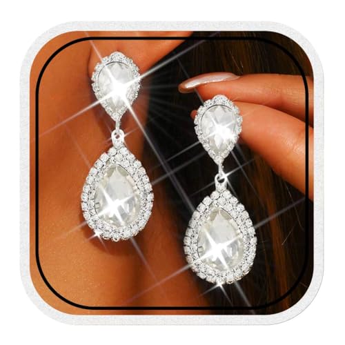 Catery Crystal Wedding Earrings Silver Rhinestone Ear Rings Teardrop Bridal Ear Jewelry for Brides and Women - color: Silver