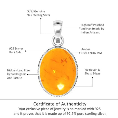 Chunky Natural Gemstone Pendant Necklace For Women Onyx, Turquoise, Amber, Garnet Oval Boho Genuine 925 Sterling Silver Handmade Jewelry - color: Amber