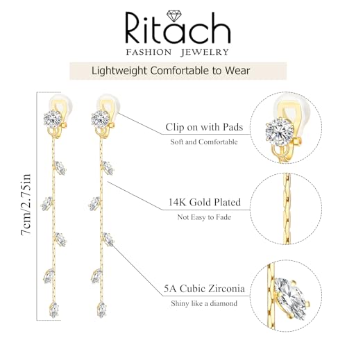 Gold/Silver Clip on Earrings Non Pierced for Women - 14K Gold Plated Long Tasse Drop Dangle Clip Earrings - Cubic Zirconia Leaf Earrings for Women Gold Wedding Jewelry Gifts - color: Gold-cz