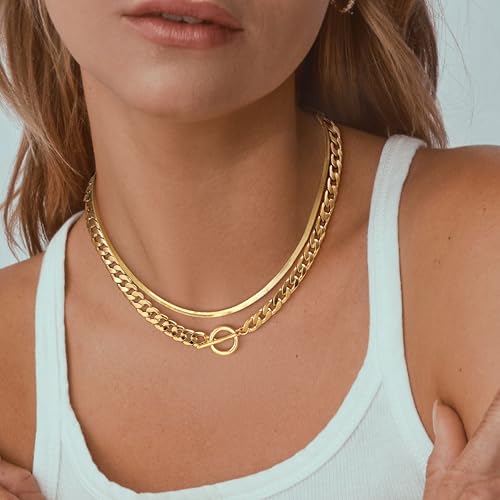 CHESKY 14K Gold Plated Chunky Necklace for Women, Trendy Toggle Clasp | Statement Pendant Necklace, Layered Paperclip Chain, Toggle Clasp Design, Thick Gold Chain, Non Tarnish Everyday Jewelry - color: gold, style: cuban+herringbone