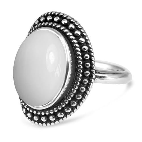 Natural Oval Stone Boho Ring,Retro Antique S925 Sterling Silver Crystal Quartz Gemstone Bohemian Statement Handmade Ring Jewelry for Women Her - color: B10_White Jade