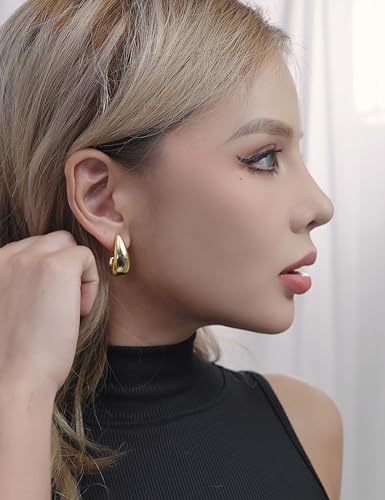 FAN&LOUIS Gold and Silver Clip On Earrings for Women, Chunky Huggie Teardrop Clip-on for Non Pierced Ears - style: Gold