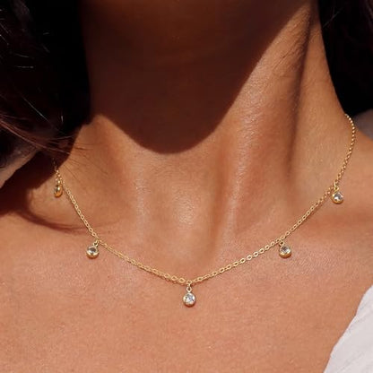 Tewiky Dainty 14k Gold Plated/Silver Cubic Zirconia Necklaces for Women, Simple CZ Jewelry Necklaces Trendy Gifts - color: Gold five drop CZ
