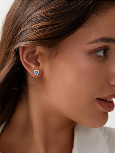 FindChic Birthstone Earrings for Women, Round/Heart/Square/Teardrop Earrings with 925 Sterling Silver Posts & Push Backs, Hypoallergenic Studs with Cubic Zirconia, 12 Months Jewelry with Gift Box - style: 12. December-Blue Topaz (Heart-Gold)