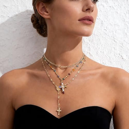 Layered Necklace for Women, Cross Pendant Y Necklace Set, 18K Gold Plated Dainty Stackable Jewelry Gift for Everyday Wear - style: 3PCS - C