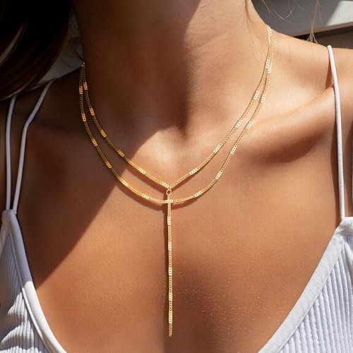 Fullpop Dainty Gold Necklaces for Women, 18k Gold Layered Lariat Necklace for Women Long Gold Choker Necklaces for Women Statement Diamond Heart Pendant Necklace Body Chain Jewelry for Women - style: Kind-Three