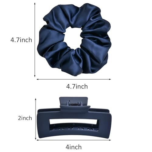 Hair Accessories Set Pack of 6 – 3 Medium Hair Clips for Women, 3 Big Satin Scrunchies for Hair, Non-Slip Matte Square Hair Claw Clips, Back to School, Birthday Gift, Daily Use (Navy Blue) - color: Navy Blue