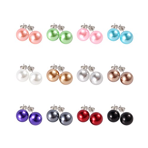 12 Pairs Pearl Stud Earrings Set for Women, Multicolor | Glass Material, 12 Color Variety, Casual Outfit Matching, Party Fashion Accessory, Holiday Gift Idea - size: 8MM