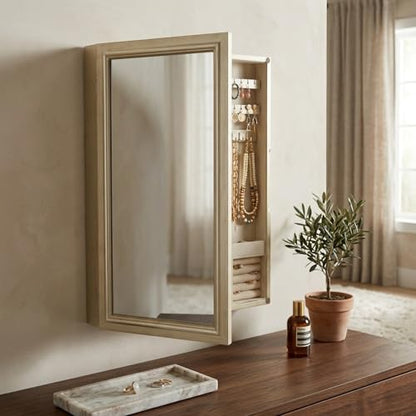 Hives & Honey Jamie Wall Mounted Jewelry Mirror Cabinet, Champagne – Hidden Jewelry Organizer with Earring Hooks, Necklace Hooks, Ring Rolls & Anti-Tarnish Lining - color: Champagne