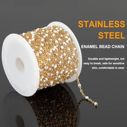 KYUNHOO 16.4 Feet/5M Stainless Steel Enamel Beaded Chain for Jewelry Making | Gold Plated Bulk Necklace Thin Cable Link With Findings for DIY Craft