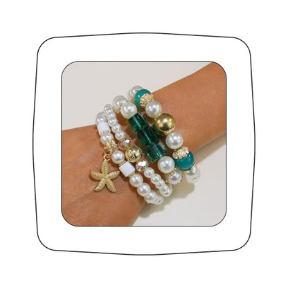 Bohemian Pearl Bracelet Set, 4 Piece Elastic Stretch Beaded Wrist Chain with Starfish Pendant, Boho Faux Pearl Multi-Color Stackable Bracelets for Women - color: Green