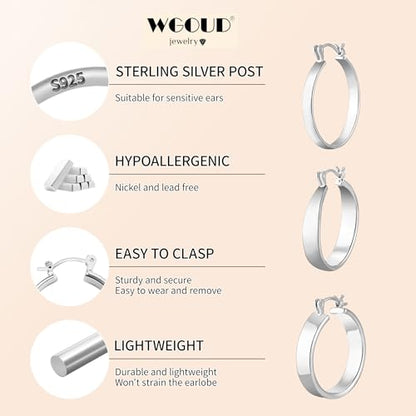 3Pairs 14K Gold Plated Chunky Hoop Earrings Set for Women, Trendy Hoop Earring 925 Sterling Silver Post - Hypoallergenic Thick Lightweight Twisted Hoops Dainty Gold Earrings for Women Jewelry Gifts - color: Silver 01