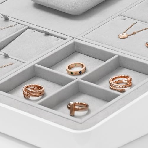 Microfiber 4 Grids Stackable Jewelry Display Trays Showcase | Jewelry Organizer Storage Trays Gray - size: 5.51" x 5.49" x 0.78"
