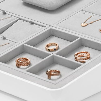 Microfiber 4 Grids Stackable Jewelry Display Trays Showcase | Jewelry Organizer Storage Trays Gray - size: 5.51" x 5.49" x 0.78"