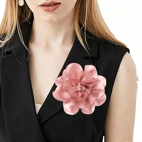 Large Rose Flower Brooches Chiffon Camellia Brooch Lapel Pins Hair Clips Hat Pins for Women Wedding Banquet Accessories Large Satin Flowers 5.5in - color: Pink 3
