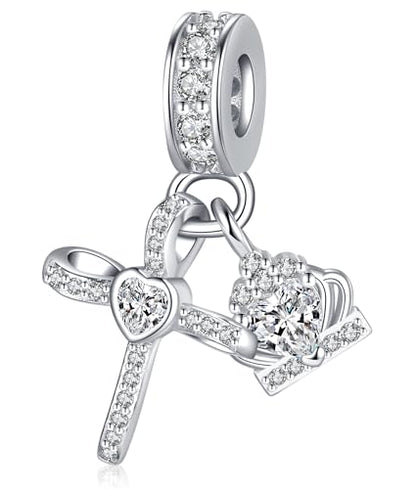 Silver Cross Birthstones Charm Fit for Pandora Charms Bracelet Crown Dangle Charms Beads Birthday Jewelry Gifts for Women - style: April