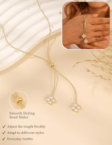 Lariat Gold Silver Necklace for Women Long Dainty Y Necklace 14k Gold Plated Drop Chunky Necklace Trendy Clover Heart Cross Teardrop Cz Pendant Statement Simple Adjustable Jewelry Gift - color: Gold- Clover