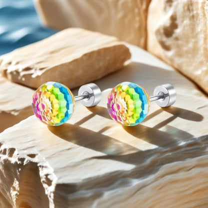 Dazzling Crystal Disco Ball Cartilage Stud Earrings for Women Mom Stainless Steel Austrian Colorful 6mm/8mm CZ Tragus Screw Flat Back Helix Tiny Studs Earring Fashion 60's 70's Jewelry Prom Party 20G - color: Colorful,8mm