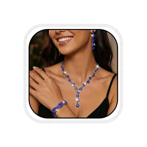 Silver Wedding Jewelry Sets Rhinestone Necklace Earrings Bracelet Set Prom Formal Costume Jewelry for Women and Brides - color: Blue
