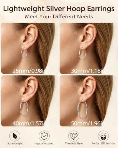 3MM Thin Sterling Silver Hoop Earrings for Women Hypoallergenic | Lightweight Small Silver Hoop Earrings Thin Twisted Hoop Earrings for Sensitive Ears - color: Silver-40MM