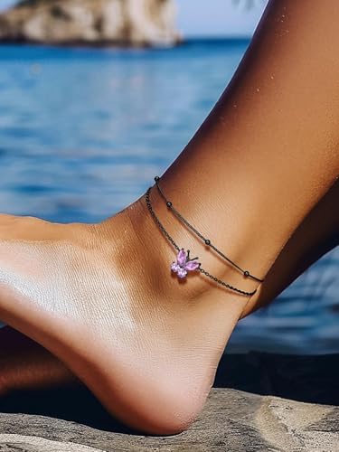 Richsteel Double Layer Heart/Butterfly Birthstone Anklet for Women | Non Tarnish Waterproof, Silver/Gold/Black Stainless Steel 8.5-10.5 Inch Adjustable Chain Anklets Summer Beach Foot Jewelry - color: Black Butterfly-06 Jun.(Alexandrite)