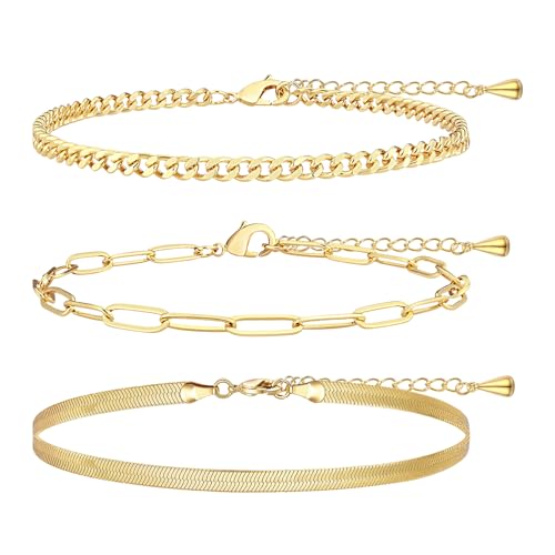 Extra Large Anklets for Women Waterproof, 14K Gold Plated Stack Anklets for Women Plus Size, 10"+2" Non Tarnish Large Ankle Bracelets for Women, Summer Big Ankles Set, Beach Bikini Vacation Jewelry - color: Plus Gold-3pcs-02, size: Lengh:10"+2"