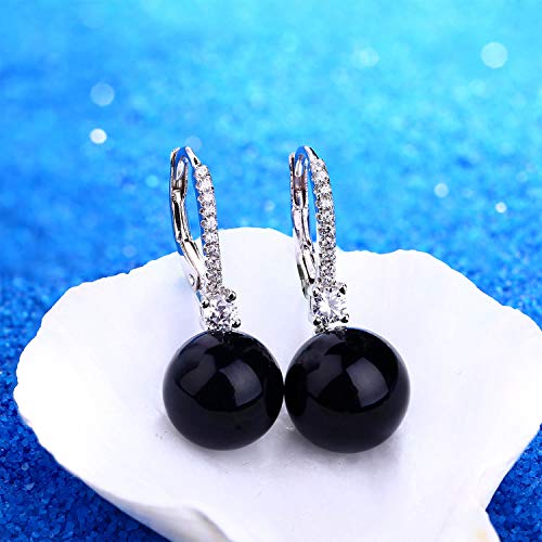 JO WISDOM 925 Sterling Silver Freshwater Pearl Hoop Earrings with Dangle Real Pearl,Simulated Pearls - color: C-10mm black pearl,round shape