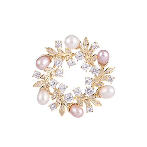 14K Gold Floral Wreath Brooch with Lustrous Pearls, Crystal-Embedded Vine Design, Premium Jewelry Accessory for Coats & Special Outfits, Elegant Gift for Women - color: Style 2,pink and white,six pearls